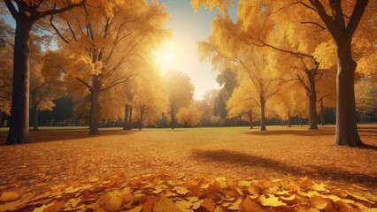 Poster - Golden Autumn Sunlight Filtering Through Trees in a Park