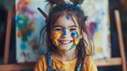 Smiling young girl covered in bright colors having fun The back shows her drawings. which symbolizes the boundless imagination of children