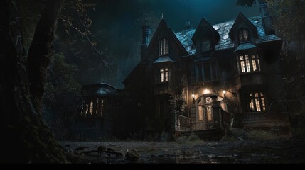 Wall Mural - A large, old house with a steeple sits in a forest. The house is surrounded by trees and has a dark, eerie atmosphere