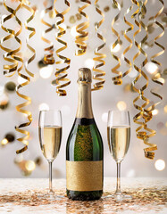 Champagne bottle and glasses with colorful background with confetti, celebration background with copy space, concept of celebration