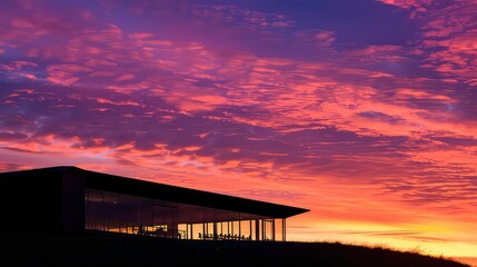 Canvas Print - A modern, glass-fronted house stands in silhouette against a stunning sunset, its reflection mirroring the vibrant colors of the sky.