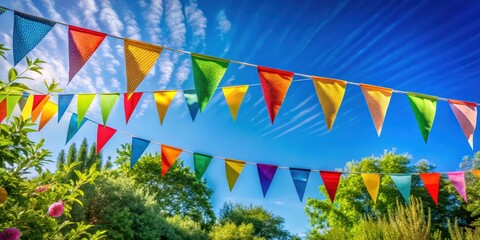 Colorful pennant flags hanging against blue sky in a garden party setting, summer, decoration, party, garden, colorful