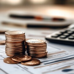 Wall Mural - closeup stack of money coin on accounting sheet with calculator in the background, Business and financial background. 