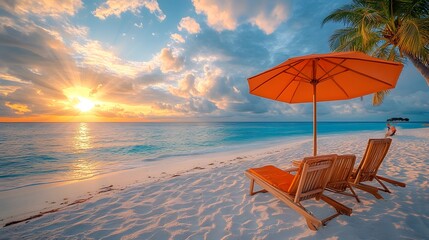 Wall Mural - Tropical beach paradise, orange beach umbrella, wooden lounge chairs, pristine white sand, crystal clear turquoise water, palm tree, blue sky with fluffy white clouds.