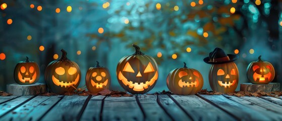 Poster - Glowing jack-o'-lanterns display on a wooden table at dusk