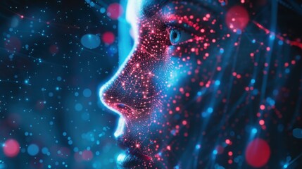 Wall Mural - side view of humanoid head with blue-yellow eyes and bright neon neural network representing futuris