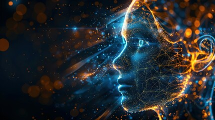 Wall Mural - side view of humanoid head with blue-yellow eyes and bright neon neural network representing futuris