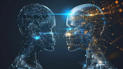 Wall Mural - side view of humanoid head with blue-yellow eyes and bright neon neural network representing futuris