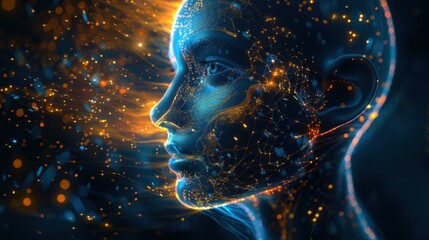 Wall Mural - side view of humanoid head with blue-yellow eyes and bright neon neural network representing futuris