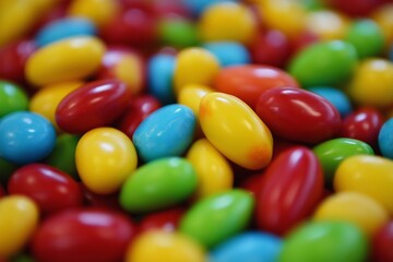 A macro shot of multicolored candy-coated chocolate beans, displaying a mix of bright, vibrant colors.