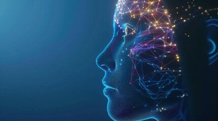 Wall Mural - side view of humanoid head with blue-yellow eyes and bright neon neural network representing futuris