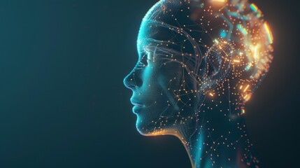Wall Mural - side view of humanoid head with blue-yellow eyes and bright neon neural network representing futuris