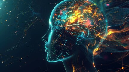Wall Mural - side view of humanoid head with blue-yellow eyes and bright neon neural network representing futuris