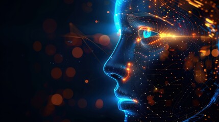 Wall Mural - side view of humanoid head with blue-yellow eyes and bright neon neural network representing futuris