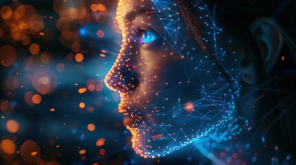 Wall Mural - side view of humanoid head with blue-yellow eyes and bright neon neural network representing futuris