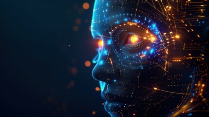 Wall Mural - side view of humanoid head with blue-yellow eyes and bright neon neural network representing futuris