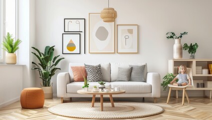 living room with a large blank frame mockup on the wall, a white sofa and coffee table, soft natural light