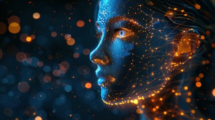 Wall Mural - side view of humanoid head with blue-yellow eyes and bright neon neural network representing futuris