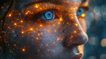 Wall Mural - side view of humanoid head with blue-yellow eyes and bright neon neural network representing futuris