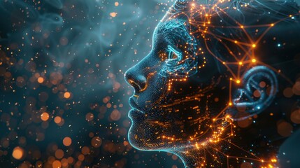 Wall Mural - side view of humanoid head with blue-yellow eyes and bright neon neural network representing futuris