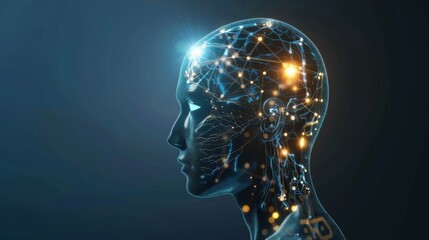 Wall Mural - side view of humanoid head with blue-yellow eyes and bright neon neural network representing futuris