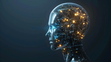 Wall Mural - side view of humanoid head with blue-yellow eyes and bright neon neural network representing futuris