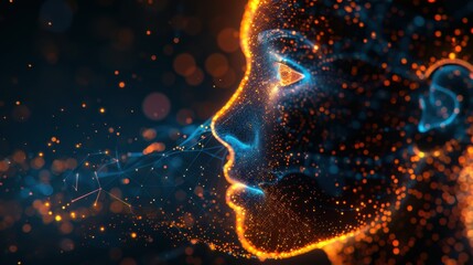 Wall Mural - side view of humanoid head with blue-yellow eyes and bright neon neural network representing futuris