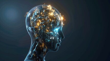 Wall Mural - side view of humanoid head with blue-yellow eyes and bright neon neural network representing futuris