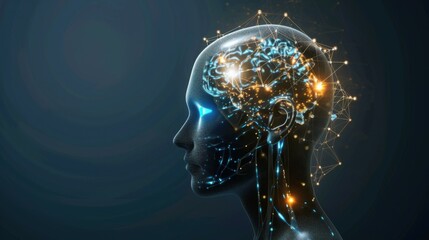 Wall Mural - side view of humanoid head with blue-yellow eyes and bright neon neural network representing futuris
