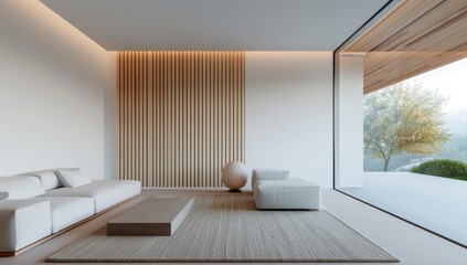 living room with wooden slats on the wall, white walls and a beige rug, two single sofas in neutral tones