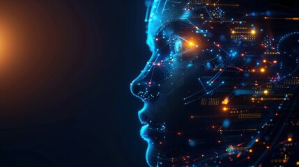 Wall Mural - side view of humanoid head with blue-yellow eyes and bright neon neural network representing futuris