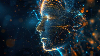 Wall Mural - side view of humanoid head with blue-yellow eyes and bright neon neural network representing futuris