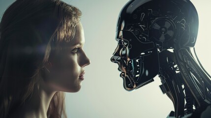 Woman opposite AI. The concept of the confrontation between humanity and artificial intelligence.