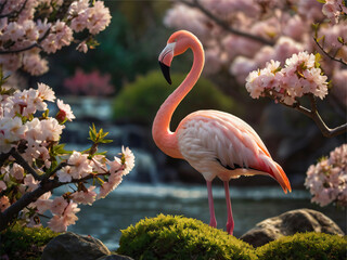 Wall Mural - A beautiful moment with a flamingo standing comfortably among the cherry trees in full bloom.