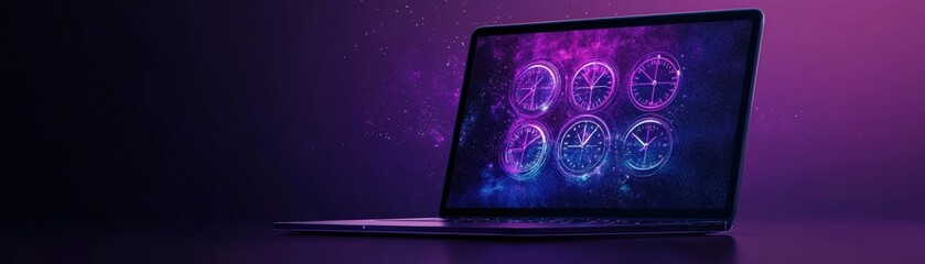 Wall Mural - Sleek modern laptop with glowing holographic icons on a dark vibrant background, showcasing futuristic and innovative technology.