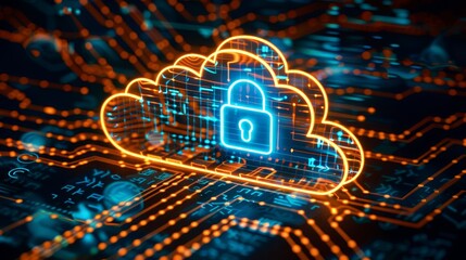 Poster - Glowing Cloud Symbol with Padlock on Circuit Board Symbolizing Cloud Security and Data Protection