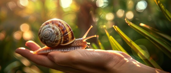 Hand holding light-colored snail with dark stripes, amidst blurred green plants in golden hour lighting. Warm, peaceful vibe emphasized on snail.