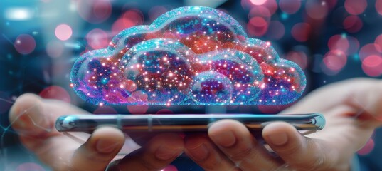 Sticker - Cloud Computing Concept Glowing Cloud Hologram Above Smartphone in Blurred Background