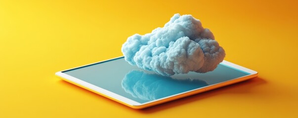 Wall Mural - Close-up of a cloud icon with a house and laptop, in 3D Blender Style, on an orange background, emphasizing remote work-life balance.