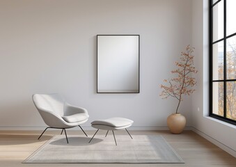 Wall Mural - living room with a large blank frame mockup on the wall, a white sofa and coffee table, soft natural light