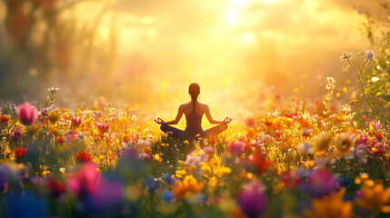 A serene scene of a person practicing yoga in the middle of a peaceful flower field, with vibrant blooms all around 