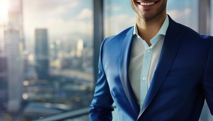 Close-up of a smiling businessman in a blue suit, standing against a blurred modern office and cityscape view, copy space on the right.