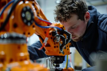 Wall Mural - Engineer installing and testing an industrial robot in a manufacturing setting, showcasing advanced automation and technology integration