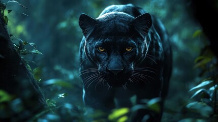 4K Realistic Elegant black panther prowling in shadowy jungle,