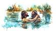 © Anoo - Jesus is baptized by John the Baptist in the tranquil waters of the Jordan River, surrounded by lush greenery in a serene and spiritual moment