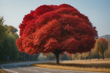 Poster - A solitary red tree stands by a winding road in an autumnal landscape.