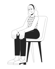 Wall Mural - Angry woman sitting on chair black and white 2D line cartoon character. Displeased female on seat isolated vector outline person. Negative emotions expression monochromatic flat spot illustration