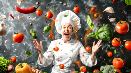 A cheerful chef laughs as she joyfully flings a variety of fresh vegetables into the air, creating a colorful display of culinary delight