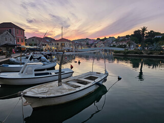 Wall Mural - Vrboska town during sunset on Hvar island in Croatia