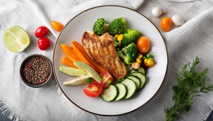 healthy lunch - plate with vegetable and chicken dish - on table (diet), top view